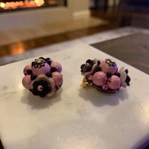Beaded Floral Pink / Black Earrings Clipon